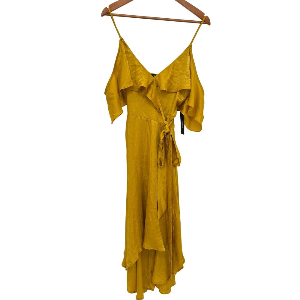 LULU'S NWT Layla Mustard Yellow Satin Off-the-Shoulder Wrap Dress // M